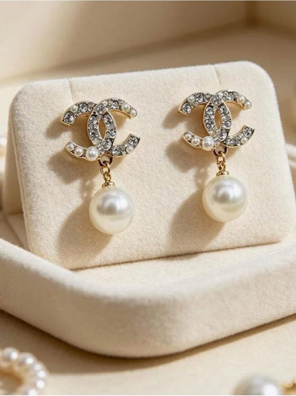 Gold-Tone faux Pearl Drop Earrings with Crystals